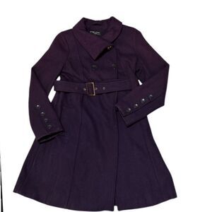Black Rivet Dark Purple/EggPlant Wool Blend Belted Pea Coat,  Size M.